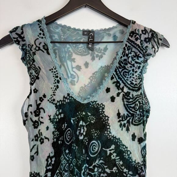 Y2K C-Lue Silk Blend Sheer Velvet Paisley Blosue w Lace Cami Blue - S - Picture 2 of 9
